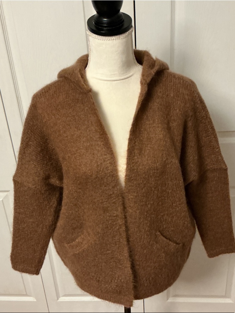 Sezane Hooded Mohair-Blend Cardigan in Chestnut Brown